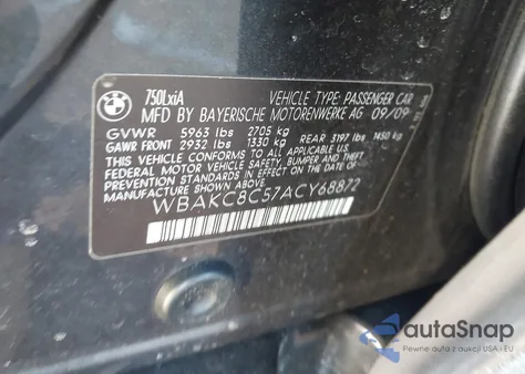 2010 BMW 750Li xDrive z USA, uszkodzony, nr VIN WBAKC8C57ACY68872